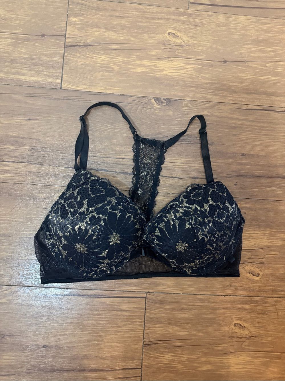 Victoria's Secret Lace Racerback Push Up Bra Size 34C Black Gold Underwire